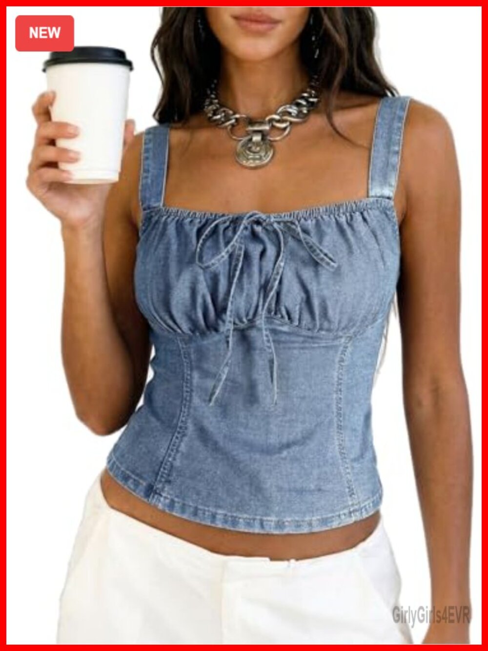 Smocked Back Denim Corset Top Women Square Neck Bow Tank Western